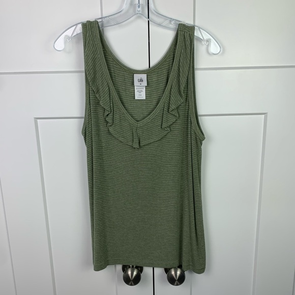Cabi Medium 6143 Wink Tank Green Stripe Ruffle Sleeveless Top Ribbed Romantic - Picture 3 of 7